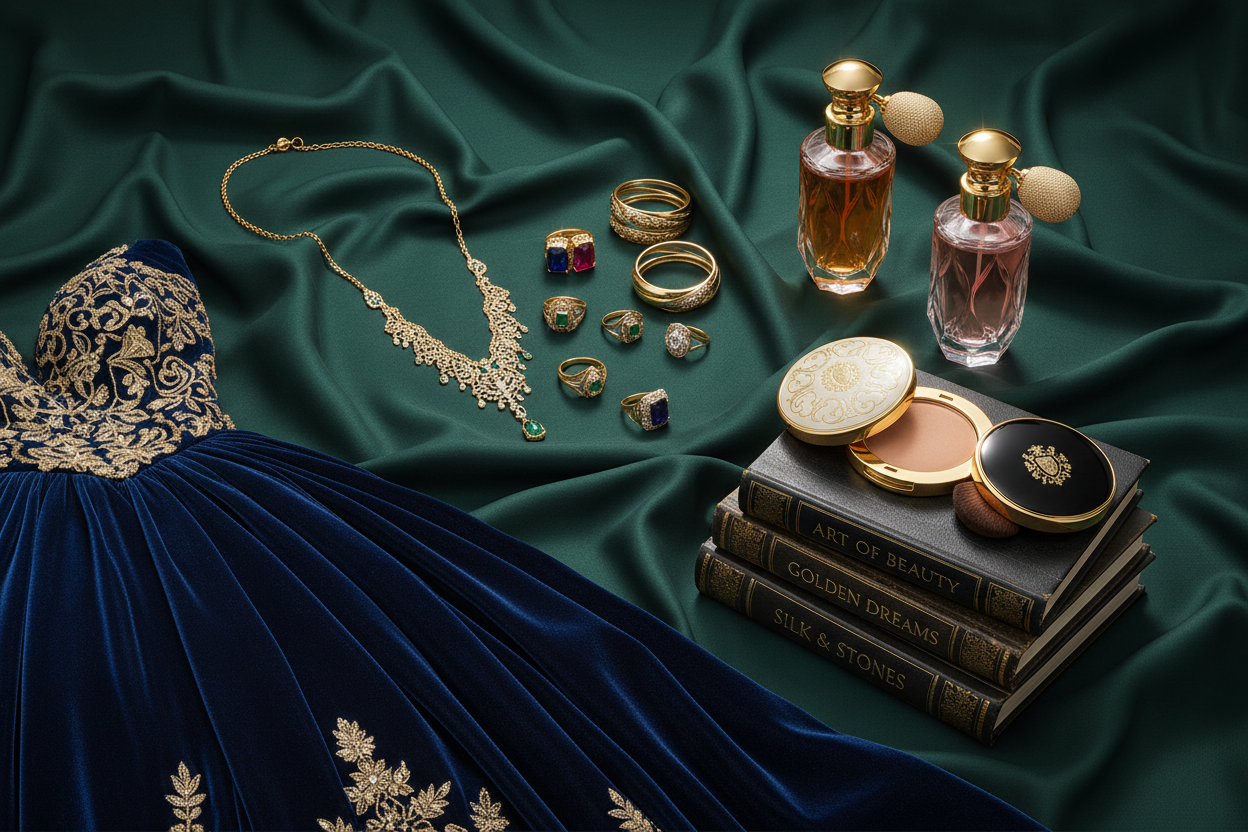 prezentace výrobků, luxusní šperky, parfémy, kosmetika a knihy, krásné plesové šaty